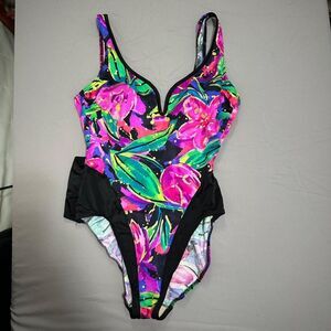Vintage Swimsuit Baltex Maillot Body ID High Leg Floral Bow 1980s Womens Size 14